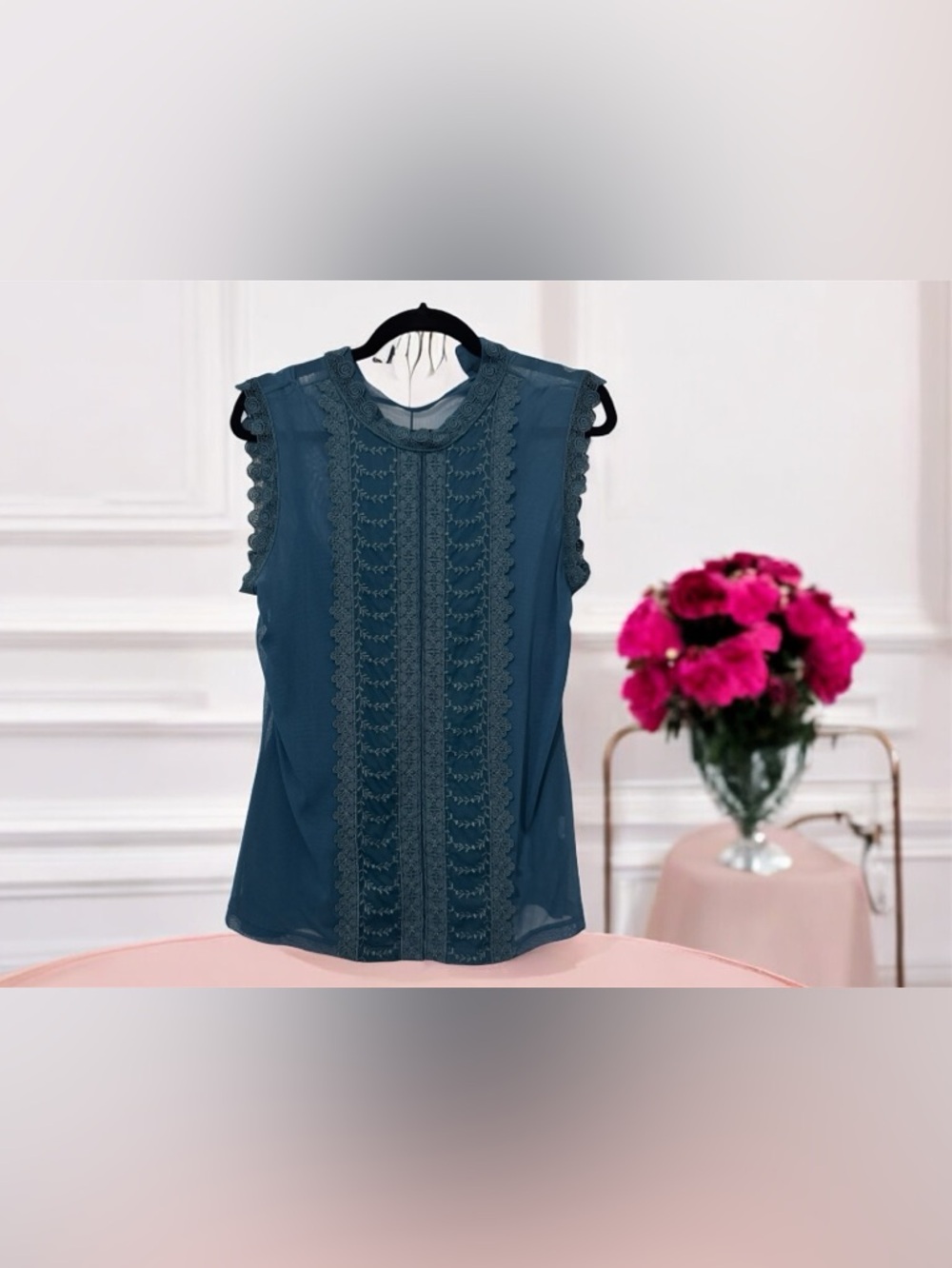 Sleeveless Navy Lace-Trim Blouse - Women